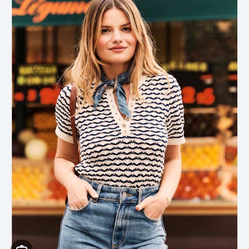 Sezane Mae Jumper: Navy and White Knit Short Sleeve Top